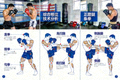 综合格斗站立打击技术分析图，展示拳击、泰拳、踢拳的拳法、腿法与膝法动作分解，背景为训练馆