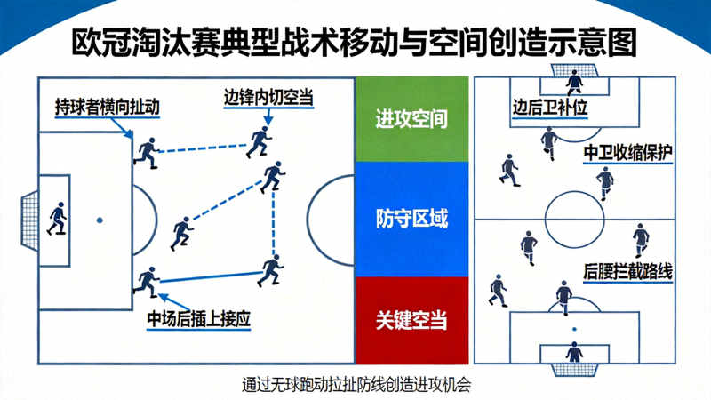 欧冠淘汰赛典型战术移动与空间创造示意图